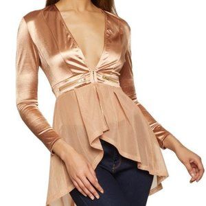Silky High Low Mesh Hem Top in a Rose Gold Nude Tone